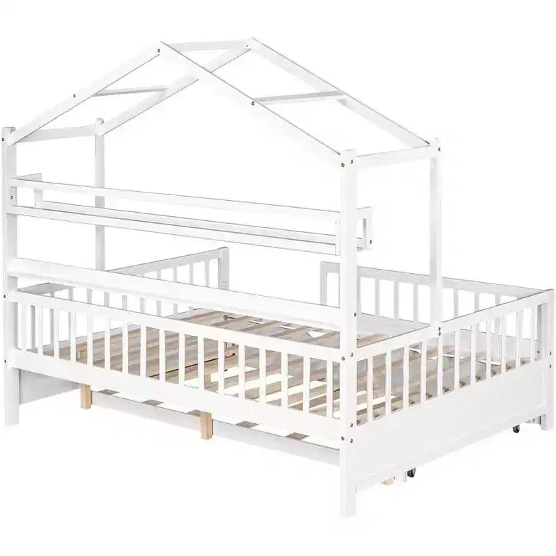 Acekool Lit cabane grandeur nature avec lit gigogne double, tiroirs de rangement et étagères, toit et clôture, lit plateforme pour enfants, blanc