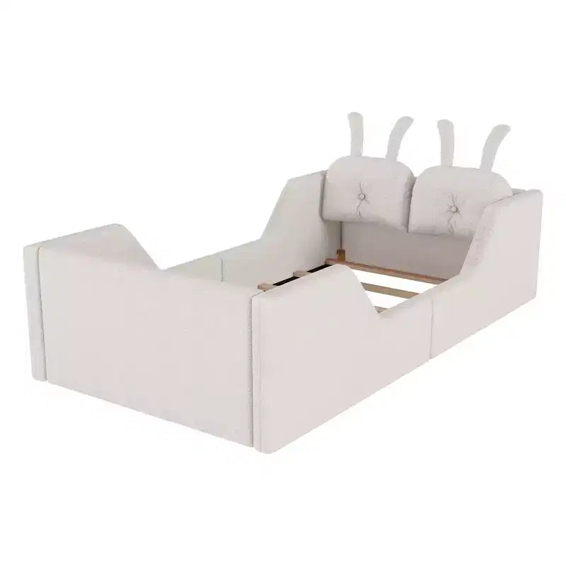 Lit plateforme double Whisen, cadre de lit rembourré pour enfants avec coussin lapin, barrières latérales amovibles