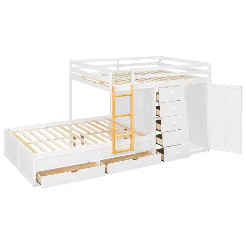 Lit superposé double sur double avec armoire de rangement et tiroirs, lit superposé double en bois peu encombrant avec garde-corps pour appartement, chambre à coucher