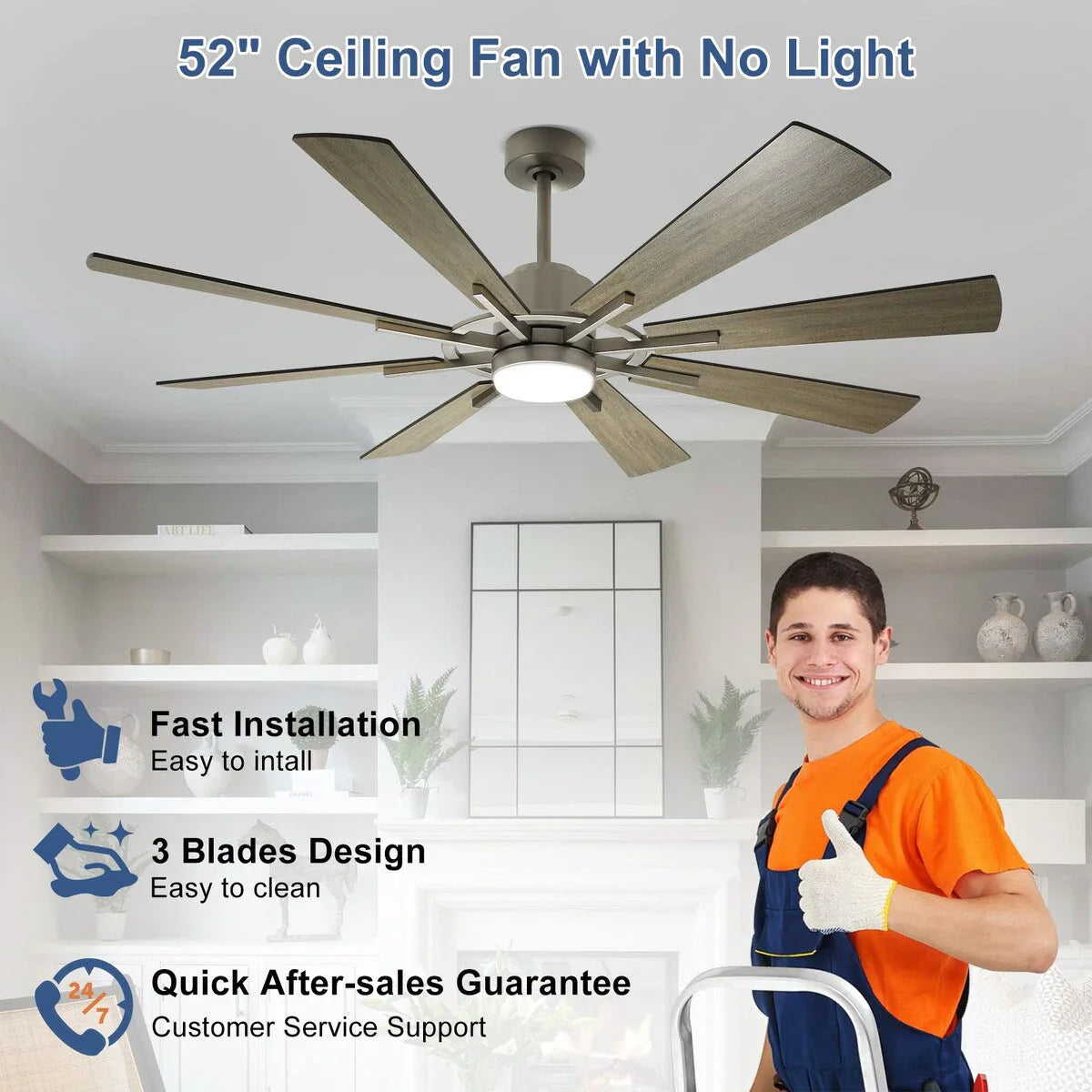 Ventilateur de plafond télécommandé avec lumières, grandes 8 pales en bois
