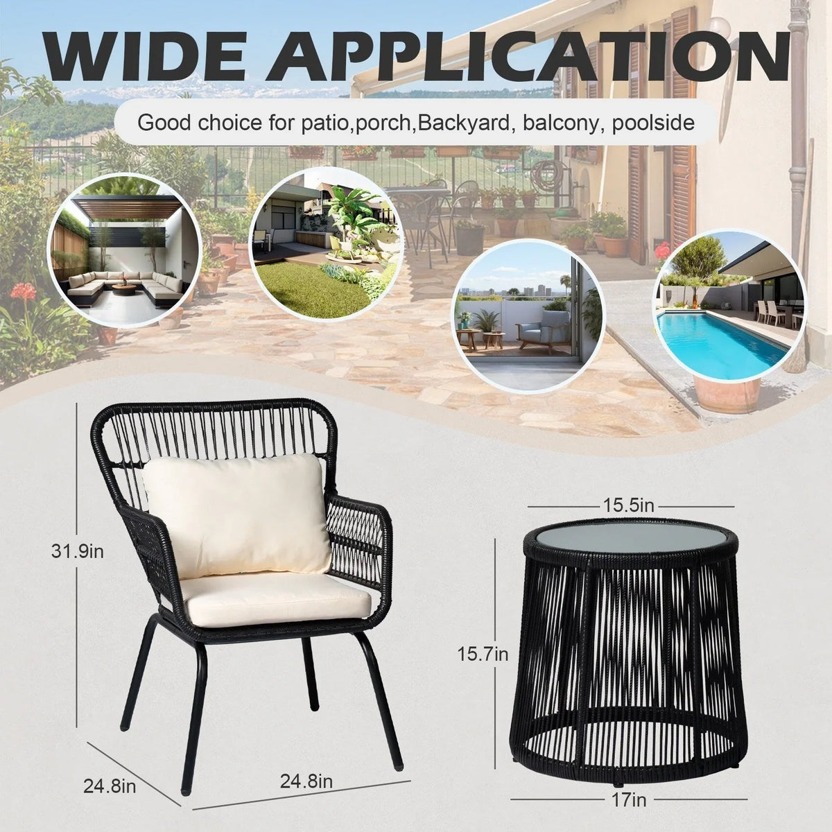 Ensemble bistrot 3 pièces en osier pour conversation, salon de jardin en rotin résistant aux intempéries avec coussins
