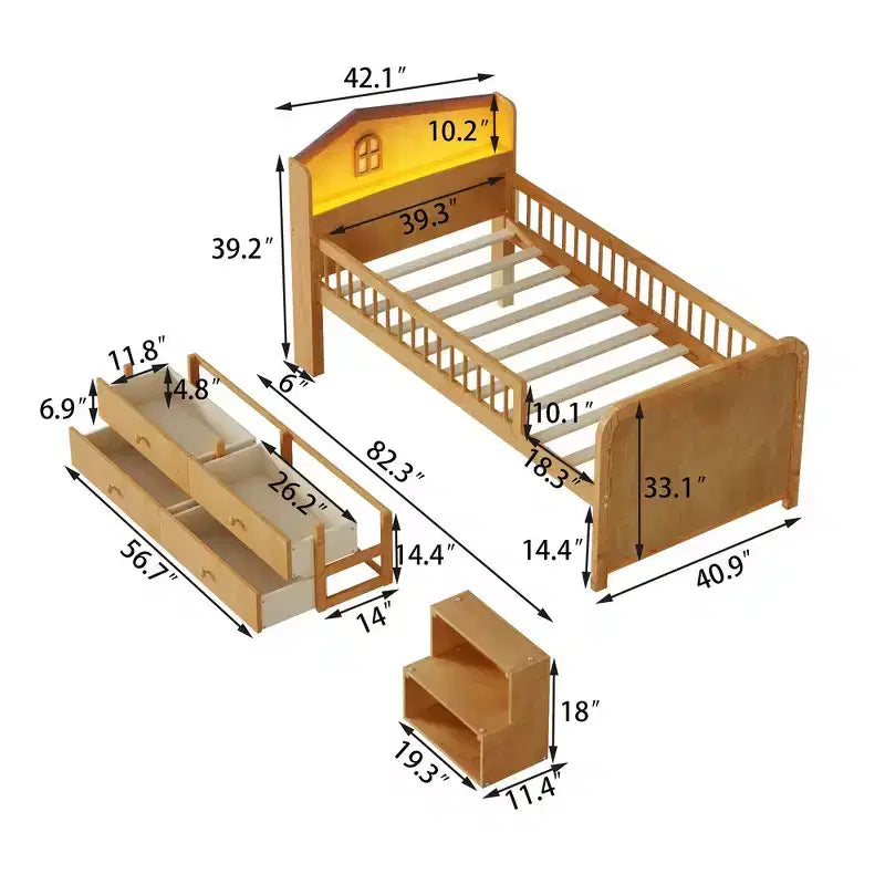 Lit mezzanine bas Whisen avec lumières LED, tête de lit en forme de maison et tiroirs de rangement, construction robuste