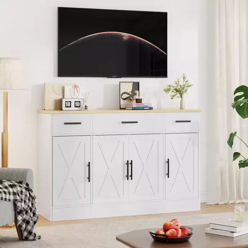 Buffet de cuisine Celebalcony avec rangement, grand buffet de cuisine de 135,6 cm avec 3 tiroirs et 4 portes, étagère réglable pour cuisine, salon
