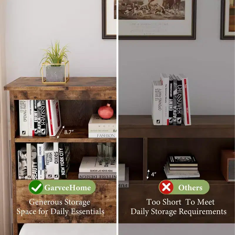 Cadre de lit complet avec tête de lit de rangement, cadre de lit en bois avec 4 tiroirs, bibliothèque de rangement et lit plateforme King Size avec support métallique robuste