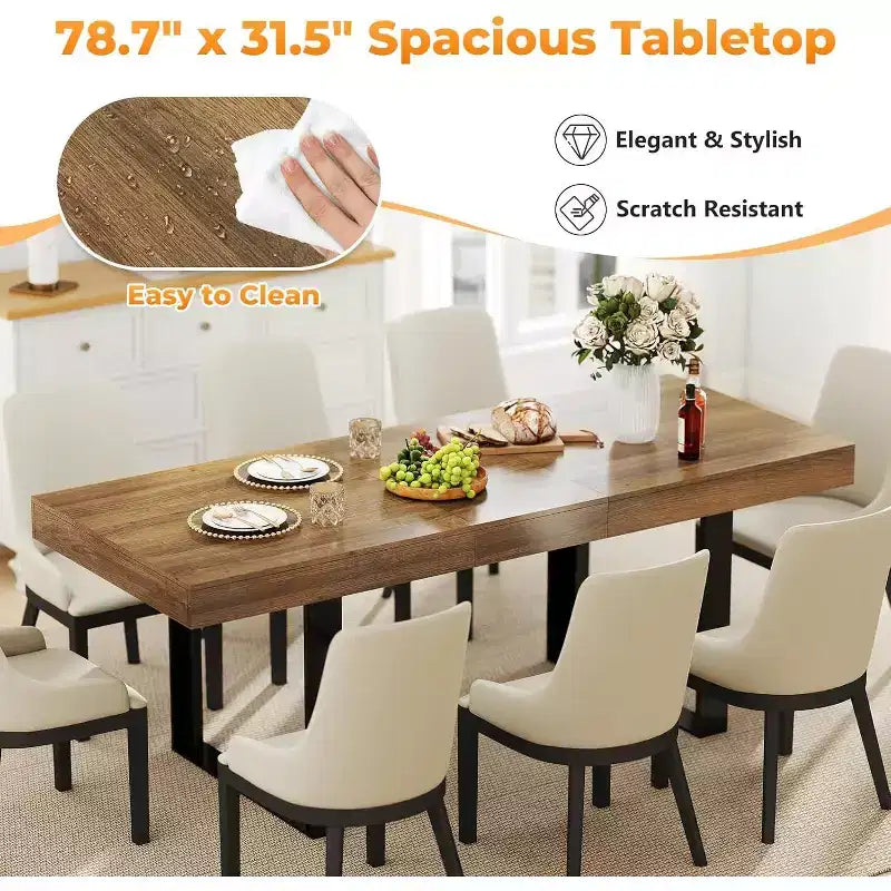 Zevemomo 63-78.7 Table de salle à manger extensible, Table de cuisine rectangulaire pour 6-10 personnes avec rail métallique, Pieds coniques en U pour salle à manger, bureau - Marron
