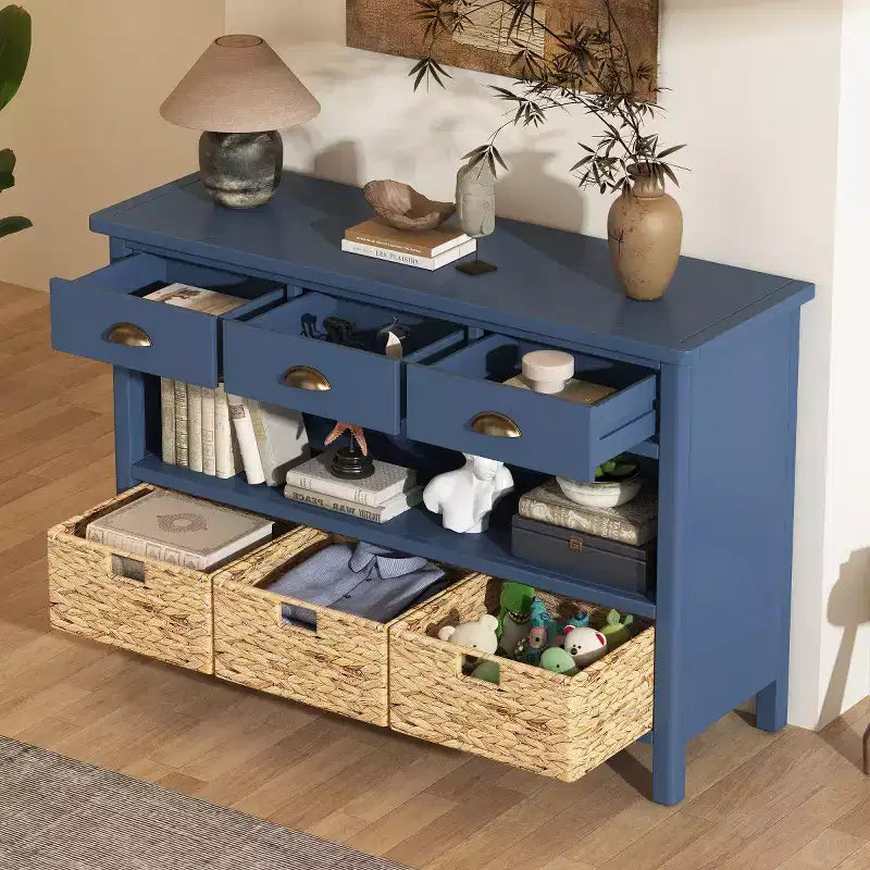 Console de table d'entrée avec rangement, table de couloir de style ferme avec 3 tiroirs et 3 paniers en jacinthe d'eau pour salon ou hall d'entrée - Panipeachy