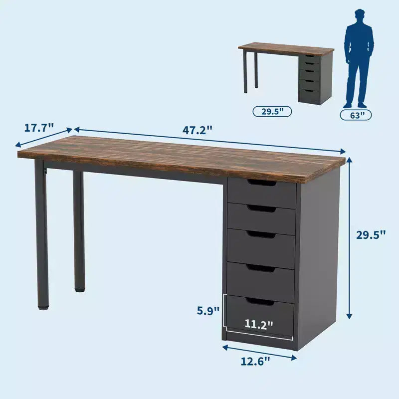 Bureau d'ordinateur de 119 cm avec 5 tiroirs de rangement, table d'étude/d'écriture réversible de style rustique moderne, poste de travail de bureau à domicile pour petits espaces