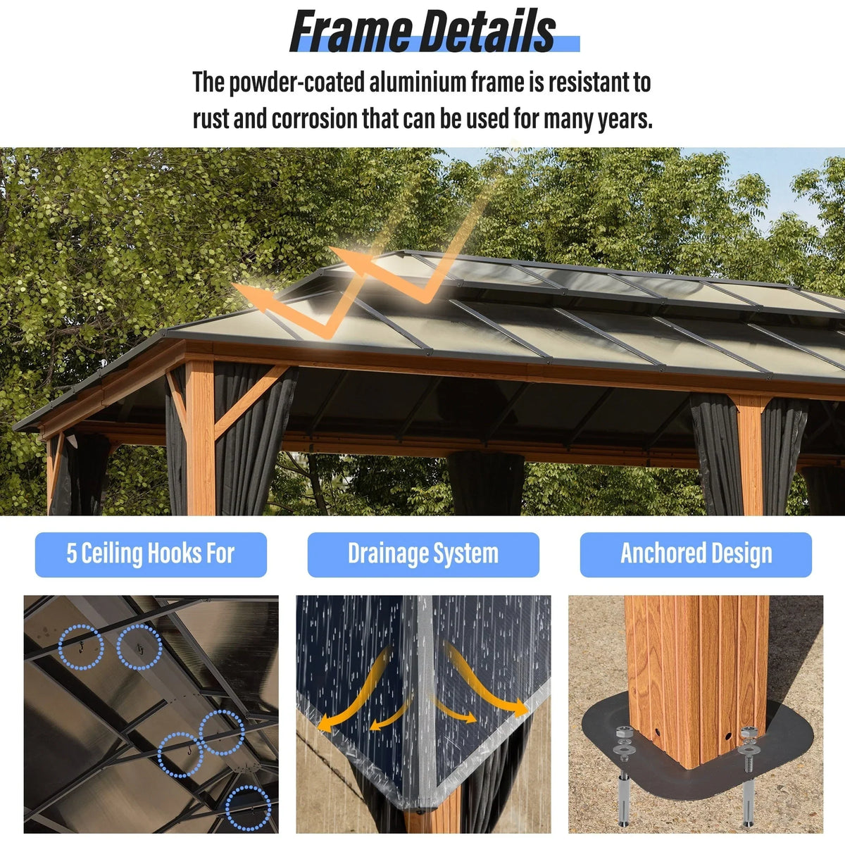 Tonnelle EROMMY à toit rigide, pergola extérieure avec double toit, moustiquaire et rideaux, auvent robuste pour patio, jardin, fête au bord de la piscine