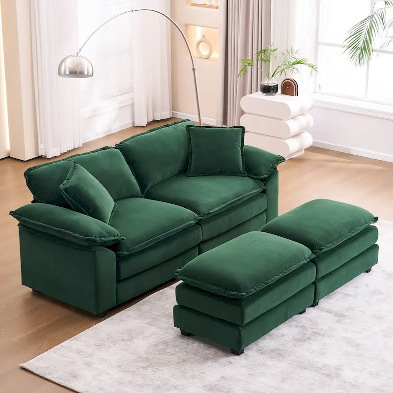 Canapé 2 places avec 2 coussins de siège, 2 oreillers et 2 poufs, canapé confortable - Canapé profond de salon, canapé modulable