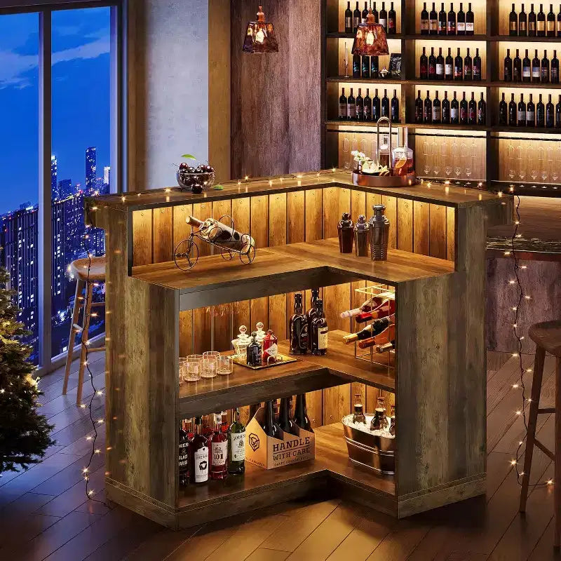 Bar de salon en L Lantine, bar à liqueurs d'angle à 4 niveaux avec étagères de rangement et porte-verres à vin pour pub à domicile