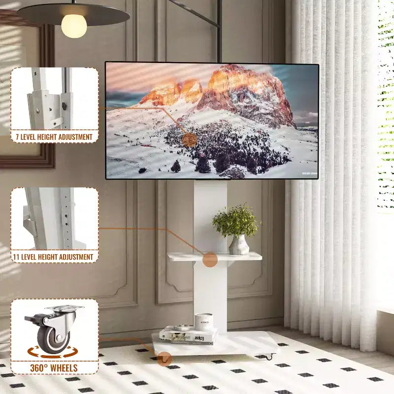 Meuble TV pour téléviseurs de 32 à 75 pouces, Chariot TV mobile à hauteur réglable avec tiroir et roulettes pour salon, chambre, bureaux -ModernLuxe