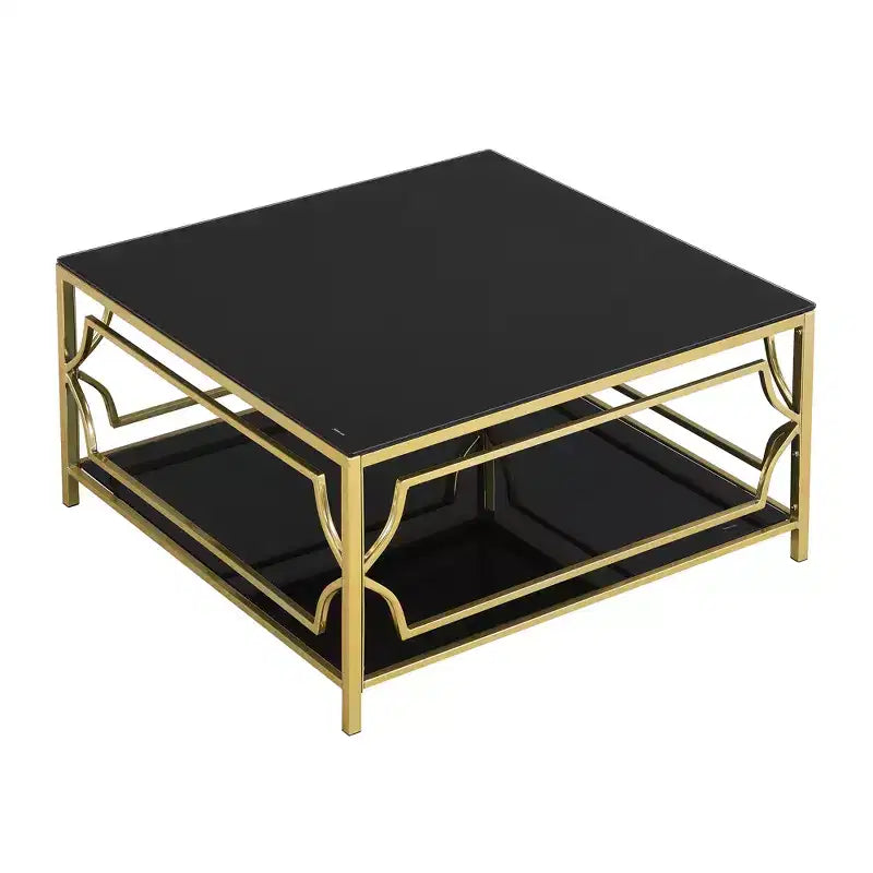 Table basse carrée Merax avec plateau en verre noir ou transparent et étagère de présentation à deux niveaux