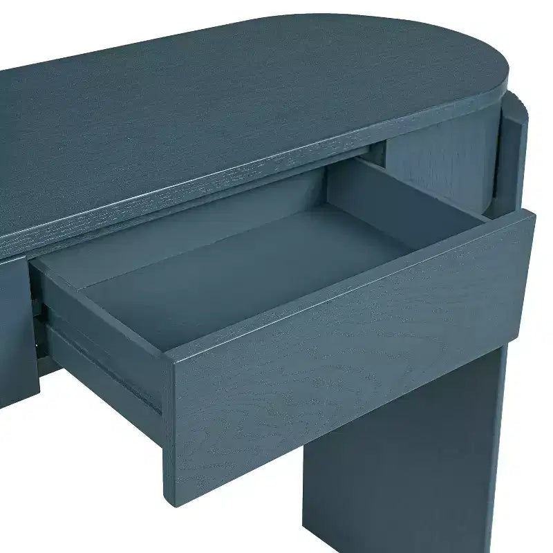 Console Merax moderne avec plateau ovale, pieds cannelés courbés et deux tiroirs dissimulés