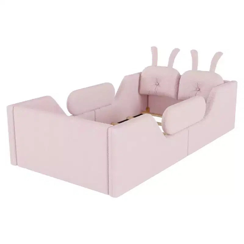 Lit plateforme double Whisen, cadre de lit rembourré pour enfants avec coussin lapin, barrières latérales amovibles