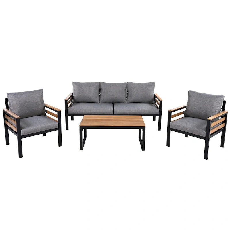Ensemble de canapés d'extérieur 4 pièces pour 5 personnes avec table basse en bois massif et coussins amovibles