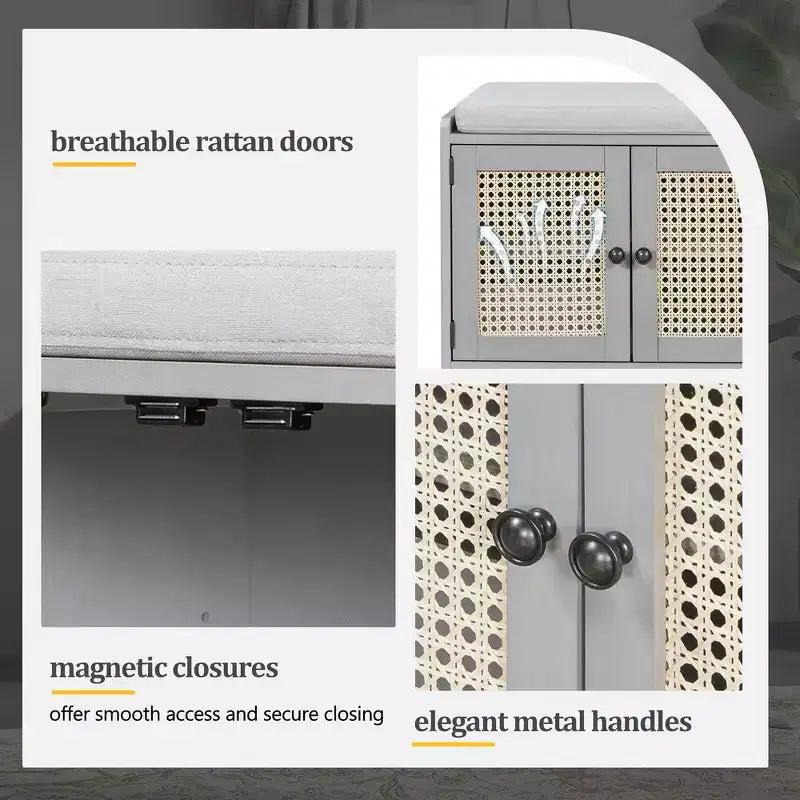 Banc de rangement rustique en bois Whisen, banc à chaussures d'entrée avec coussin amovible, étagères réglables