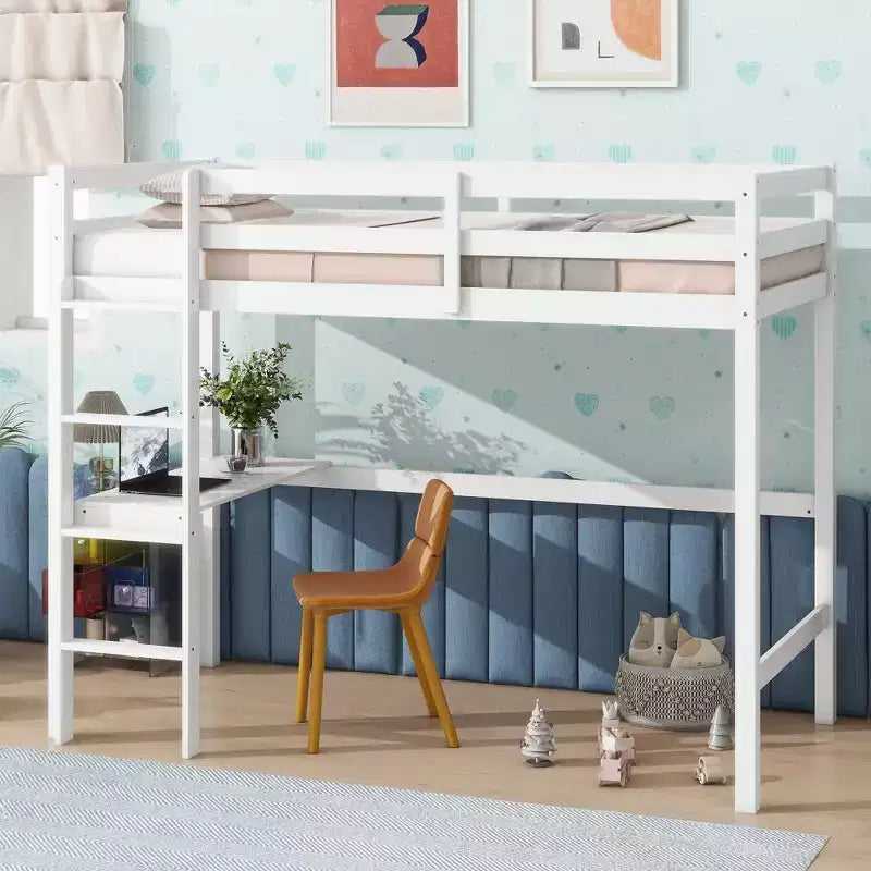 Lit mezzanine Okak Minimalism avec échelle, lit mezzanine simple en bois d'hévéa avec garde-corps de sécurité et bureau intégré, cadres de lit pour enfants, adolescents