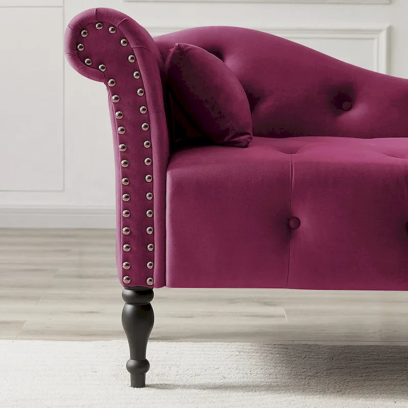 Chaise longue moderne de 154 cm avec revêtement en velours, boutons capitonnés, pieds en bois massif et clous de tapissier