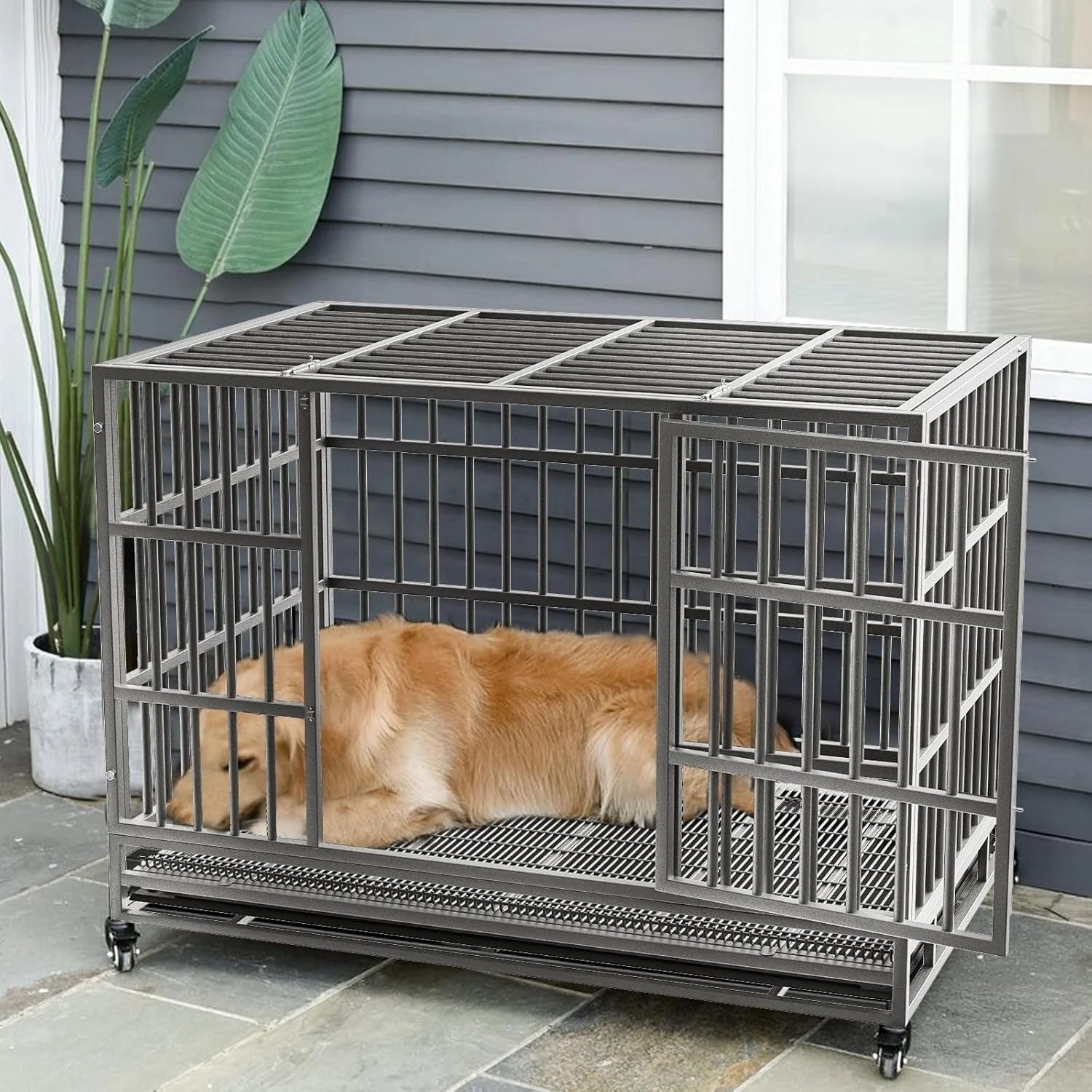 BOSSIN Cage pour Chien Robuste Indestructible 48/38 Pouces, Niche Anti-Évasion avec Roues Verrouillables