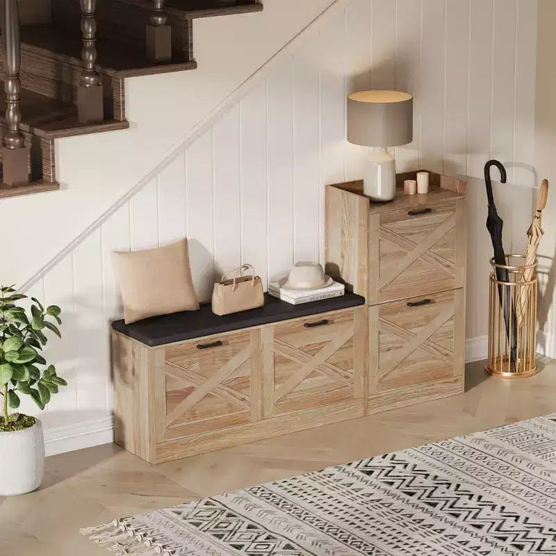 Banc avec 4 tiroirs relevables et coussin de siège rembourré, Étagère à chaussures étroite en bois, Convient pour le banc d'entrée de salon