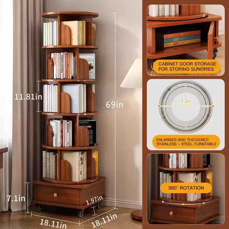 Bibliothèque d'angle pivotante à 360° Chic Crate à 6 niveaux avec roulettes, étagère étroite pour petits espaces, marron noyer