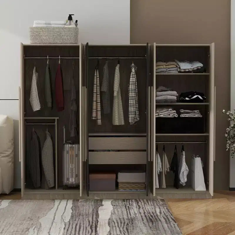 83W Armoire 6 Portes, Rangement de Vêtements avec 2 Tiroirs, Tringles et Étagères, Noir+Naturel-ModernLuxe