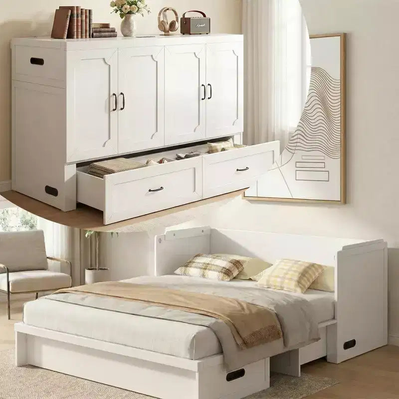 Lit escamotable convertible Queen Size Mjkone avec matelas, chargement USB, tiroirs de rangement