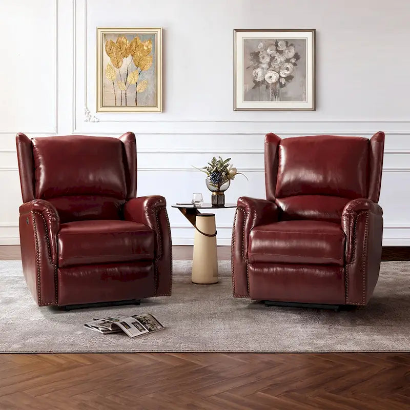 Fauteuil inclinable électrique en cuir véritable avec port USB – Dossier ailé clouté, ensemble de 2