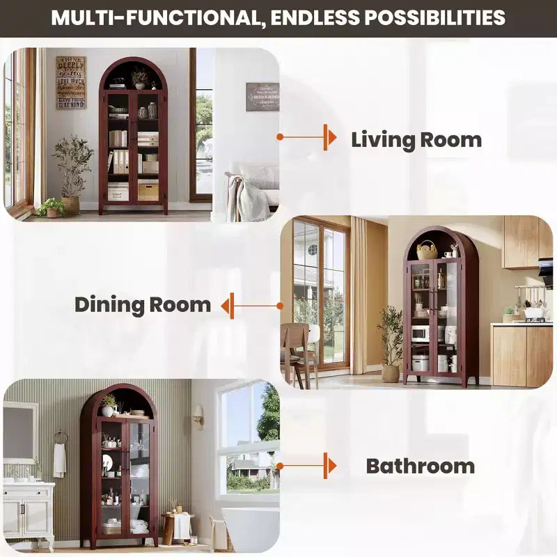 Haut meuble de rangement arqué avec portes vitrées, bibliothèque de présentation à 5 niveaux avec étagères réglables pour cuisine ou salon
