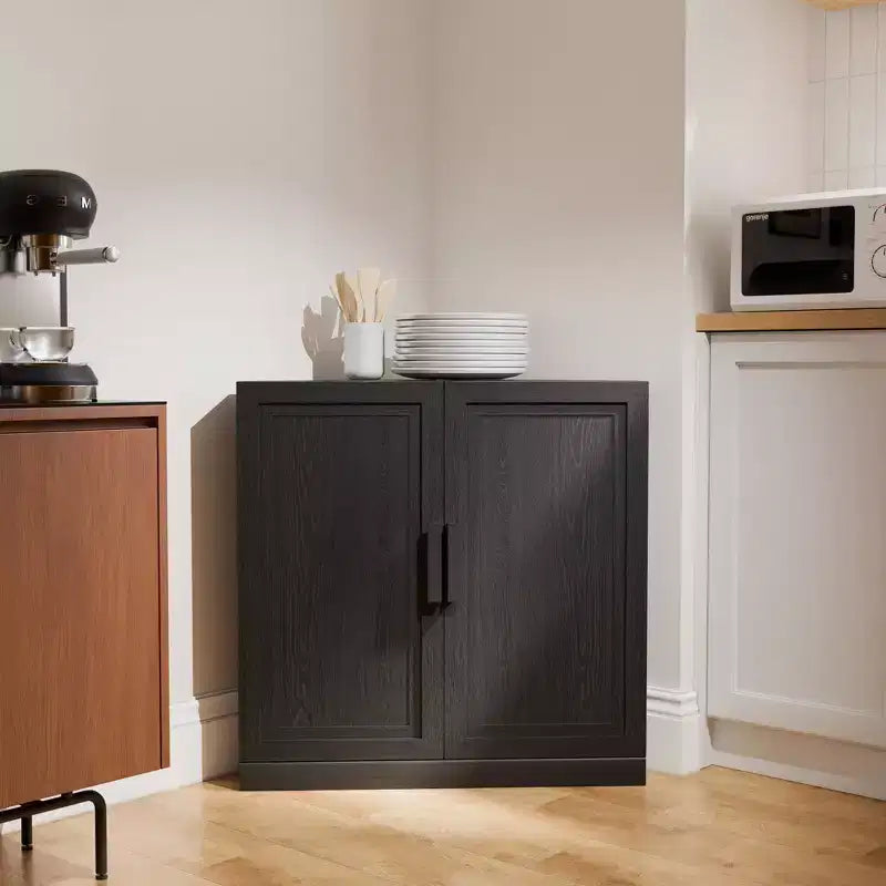 Meuble d'angle Dovelina avec étagères réglables, buffet, meuble à vin, meuble de cuisine et de salle à manger avec portes en bois - 31H x 31L, 36H x 31L