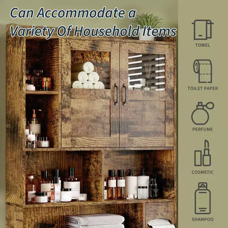 Meuble de rangement pour toilettes – Organisateur de salle de bain de style ferme de 171 cm de haut avec étagère réglable et porte en verre pour salle de bain, buanderie