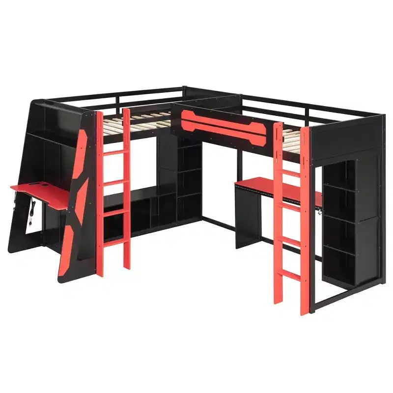 Lit mezzanine de jeu en L avec bureaux, lits superposés doubles avec lumières LED, ports USB, étagères de rangement, lit mezzanine d'angle en bois pour 2 personnes