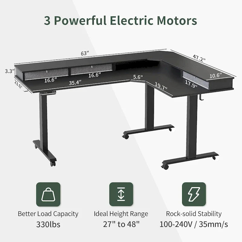 Bureau d'angle électrique debout avec 3 tiroirs et roulettes verrouillables, 160