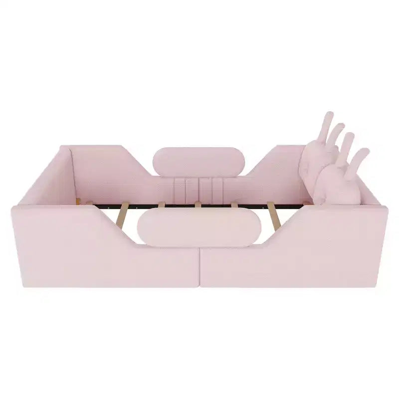 Lit plateforme double Whisen, cadre de lit rembourré pour enfants avec coussin lapin, barrières latérales amovibles