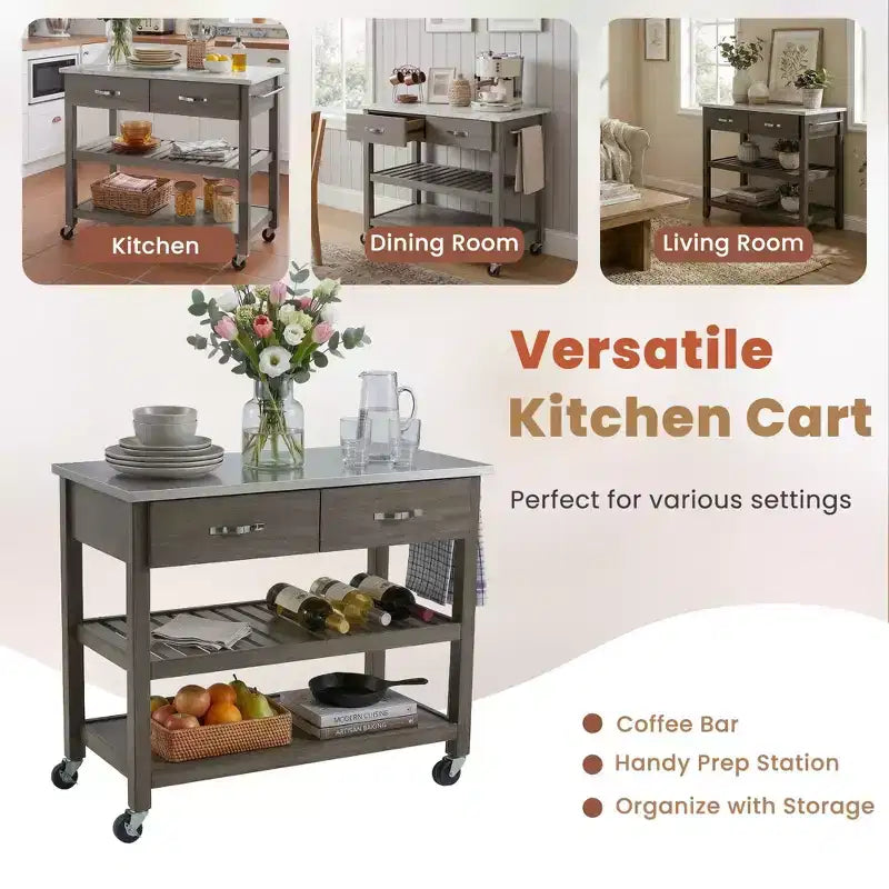 Desserte de cuisine roulante avec plateau en marbre, îlot de cuisine en bois massif avec 2 tiroirs, chariot de cuisine à 3 niveaux avec roues détachables verrouillables et porte-serviettes