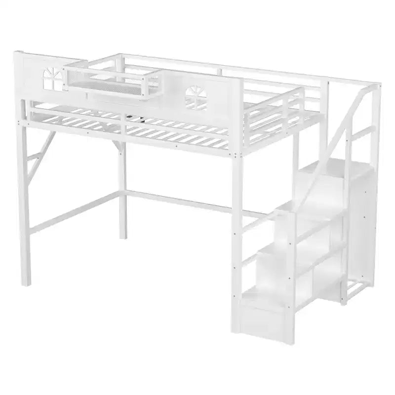 Lit mezzanine ModernLuxe double/grand format avec escalier et armoire intégrée, cadre de lit en métal avec lumières LED, station de charge USB et étagères de rangement