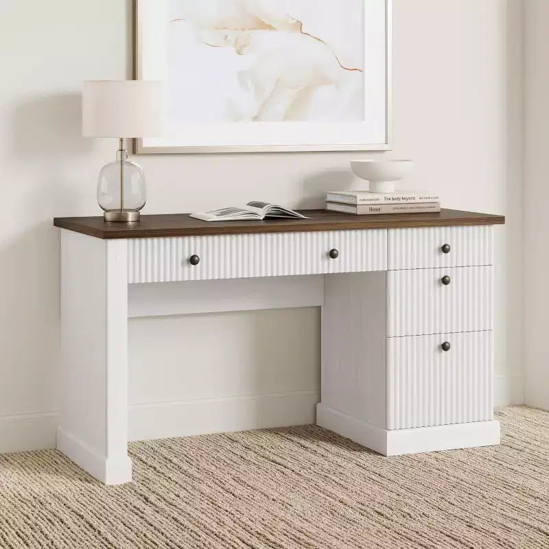 Meuble de rangement de bureau cannelé, bureau de direction moderne de 54 po avec station de recharge, bureau d'ordinateur en bois avec tiroirs classeurs pour bureau d'étude