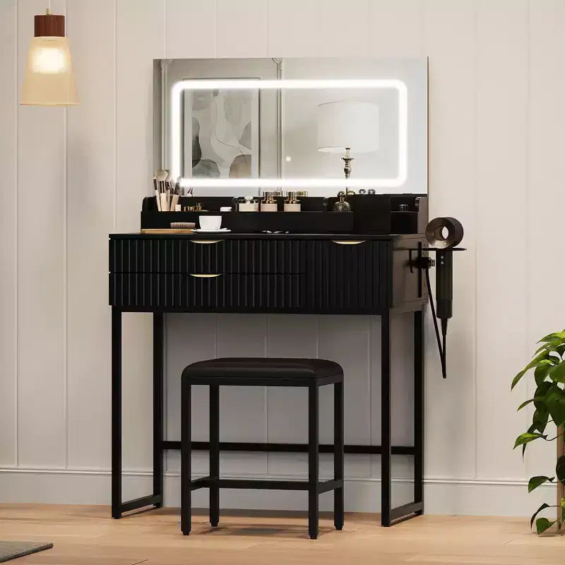 Coiffeuse avec miroir et lumières, miroir lumineux à LED, tiroirs de rangement spacieux pour produits cosmétiques et articles de toilette
