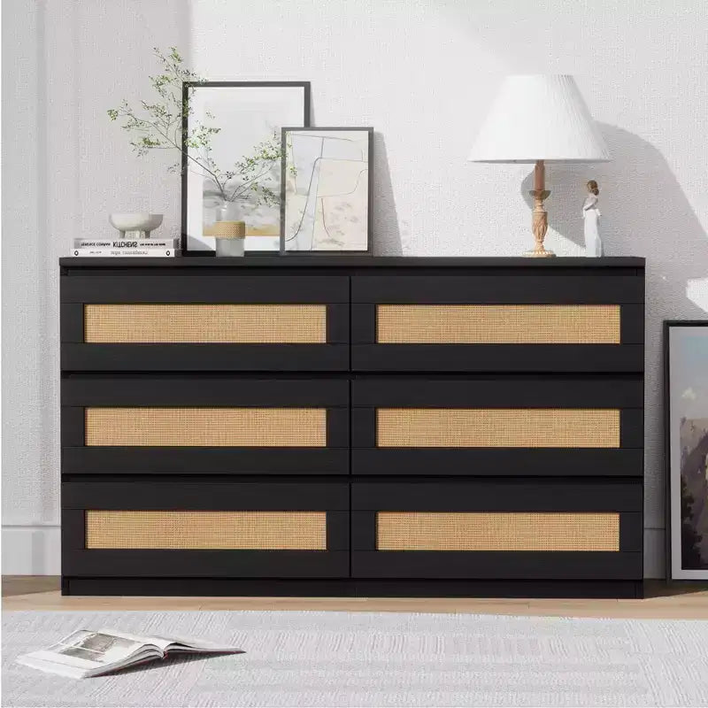 Commode en rotin pour chambre à coucher avec 6 tiroirs, 47 commode large moderne de style ferme, armoire de rangement en bois pour placard, salon, couloir