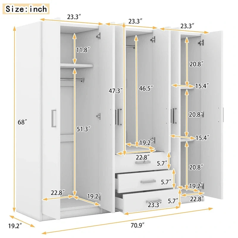 Armoire 6 portes en bois avec 3 grands tiroirs de rangement pour chambre à coucher