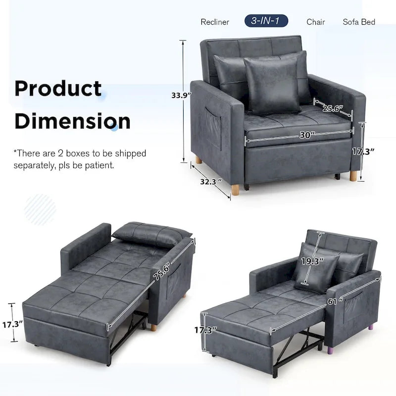 Fauteuil convertible 3-en-1, plusieurs coloris, une place