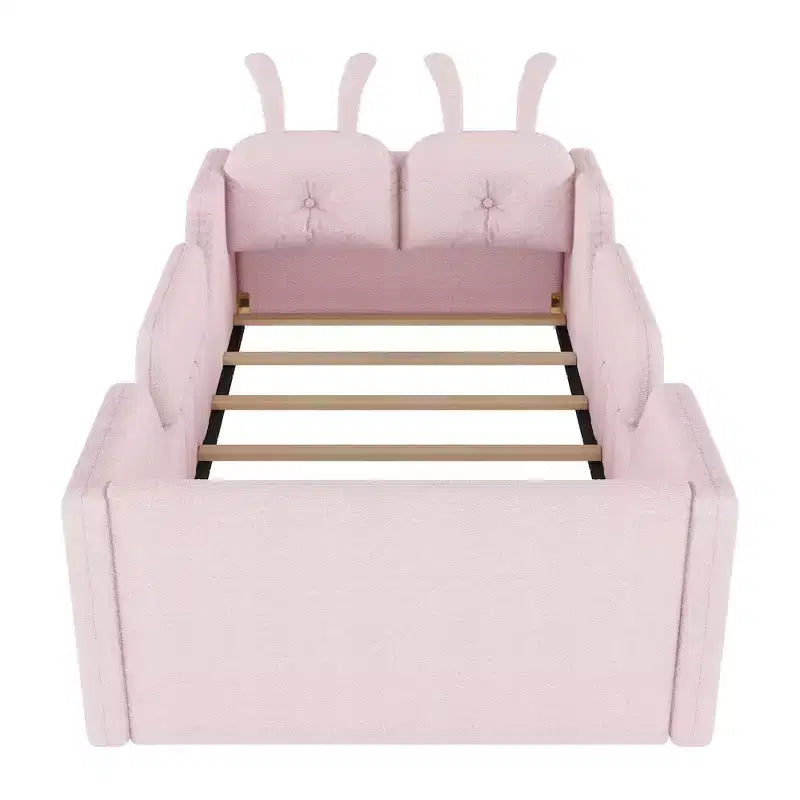 Lit plateforme double Whisen, cadre de lit rembourré pour enfants avec coussin lapin, barrières latérales amovibles