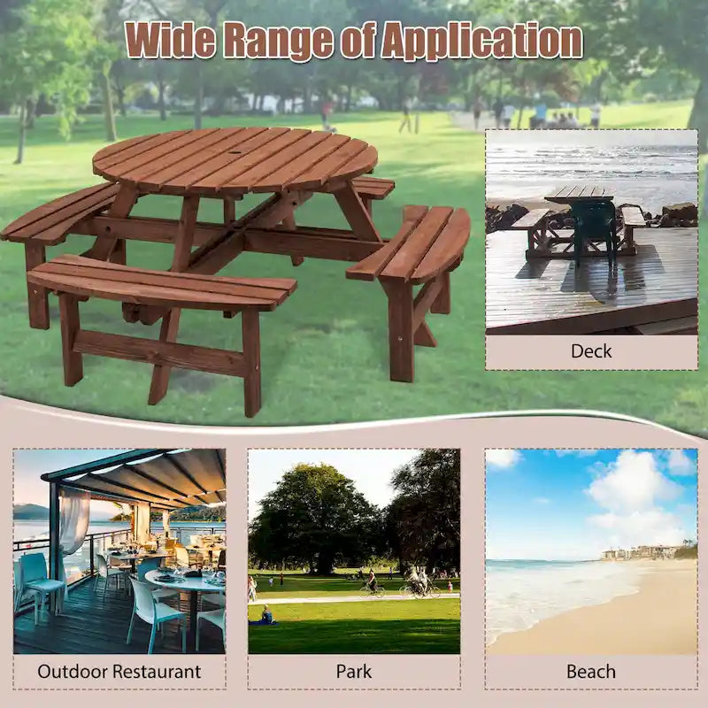 Ensemble de salle à manger rond en bois de sapin pour patio extérieur 8 personnes avec 4 bancs intégrés et trou pour parasol