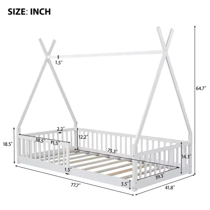 Lit de sol pour enfants, lits cabane doubles, lit de sol Montessori avec lattes et barrières de protection, cadre de lit cabane en bois pour garçons et filles
