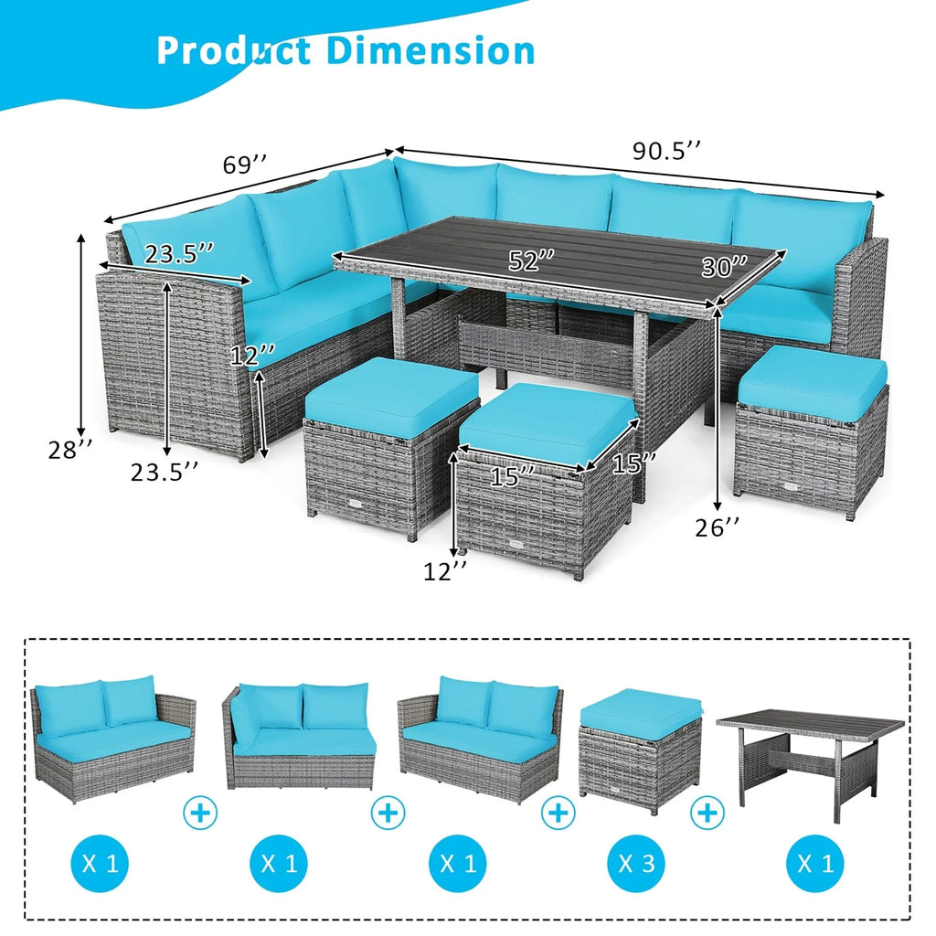 Ensemble de salle à manger Costway 7 pièces en rotin pour terrasse, canapé sectionnel et pouf - Voir détails