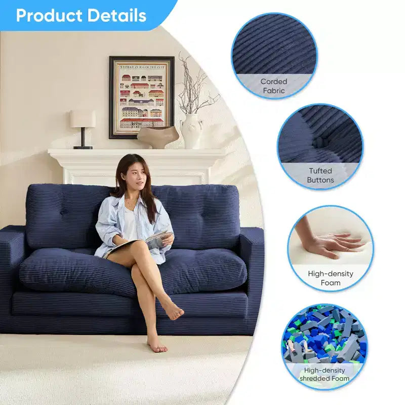 Mjkone Canapé-Lit Futon Convertible 2-en-1 180 cm, Canapé Deux Places Pliable en Tissu Côtelé avec Boutons Touffetés, Idéal pour Petits Espaces