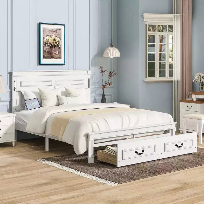 ModernLuxe Lit plateforme Queen/King Size avec tête de lit haute, cadre de lit rustique en bois avec 2 tiroirs, lumières LED et ports USB