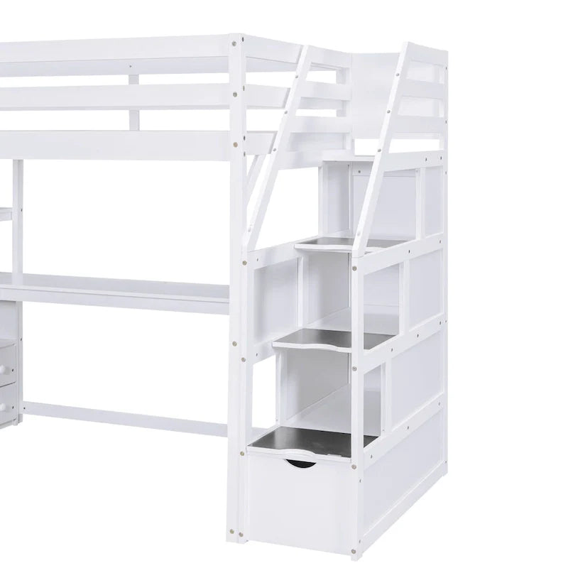 Lit mezzanine taille jumeau avec bureau et étagères, deux tiroirs intégrés, escalier de rangement