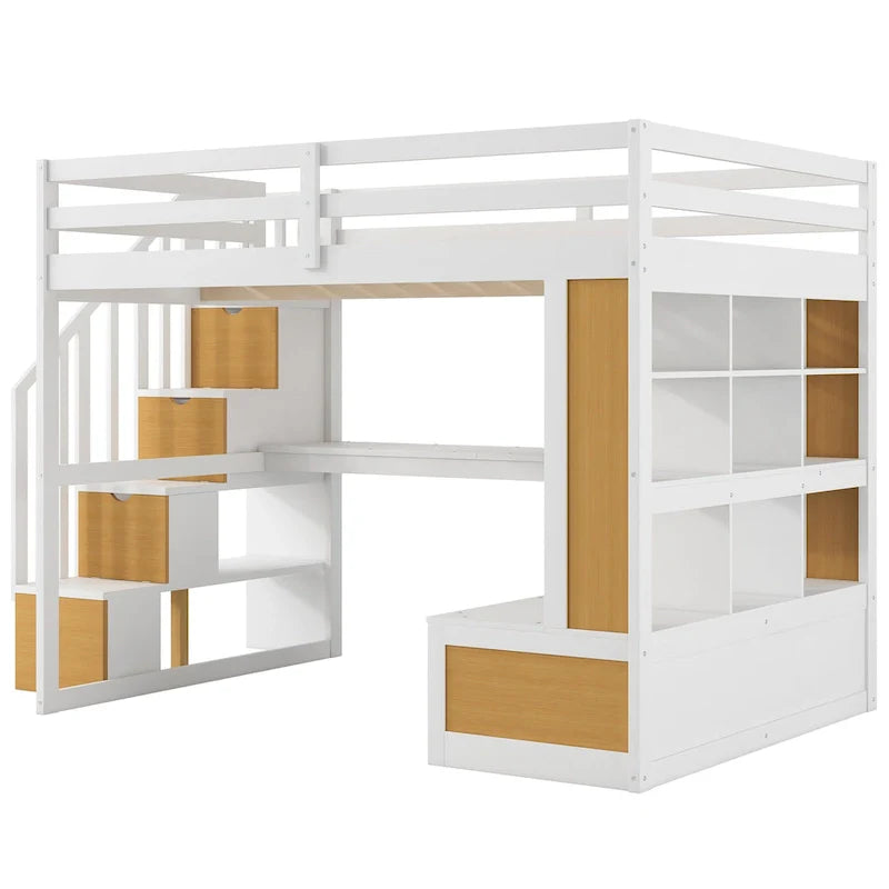 Lit mezzanine en bois massif naturel et blanc avec bureau et tiroirs