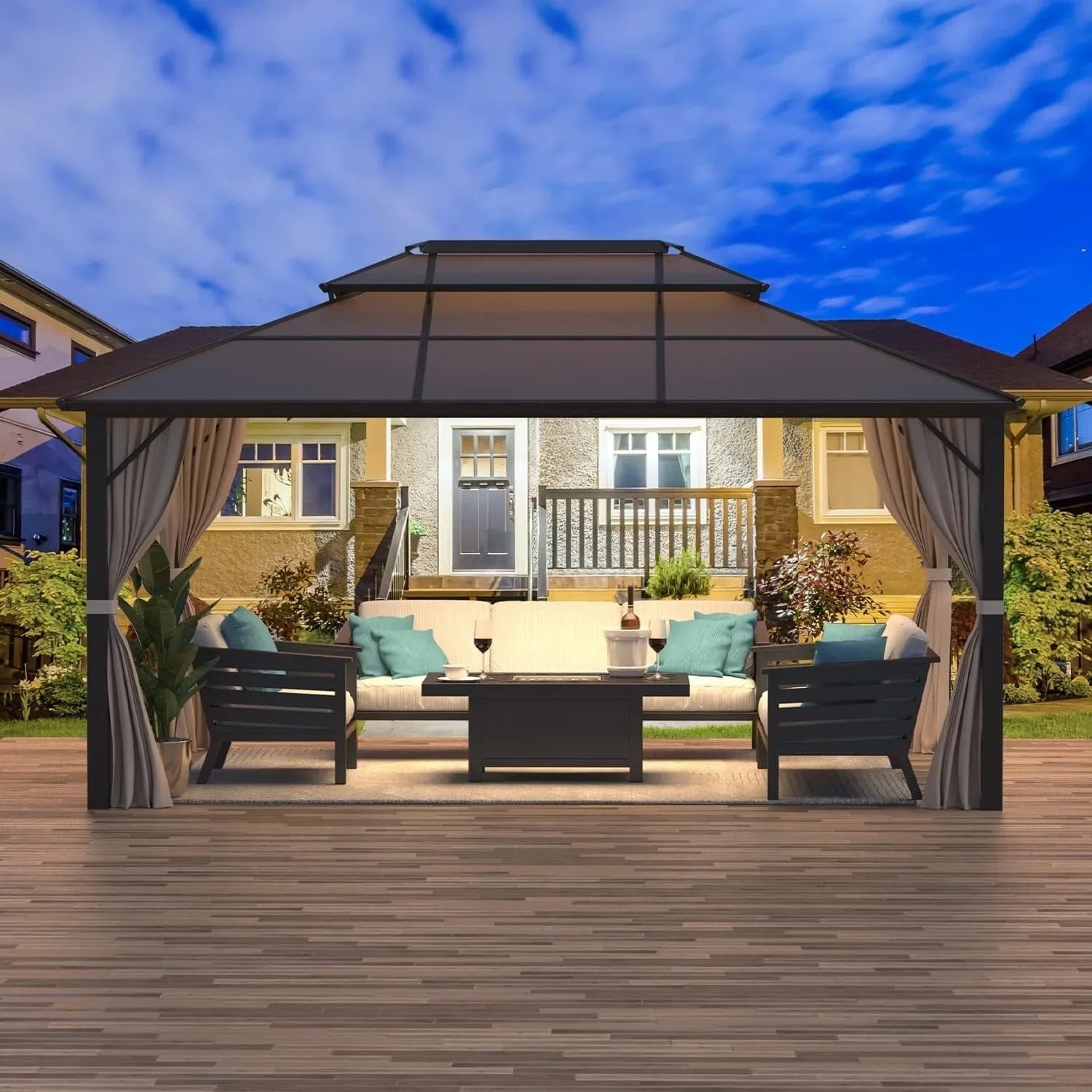 Tonnelle EROMMY à toit rigide, pergola extérieure avec double toit, moustiquaire et rideaux, auvent robuste pour patio, jardin, fête au bord de la piscine